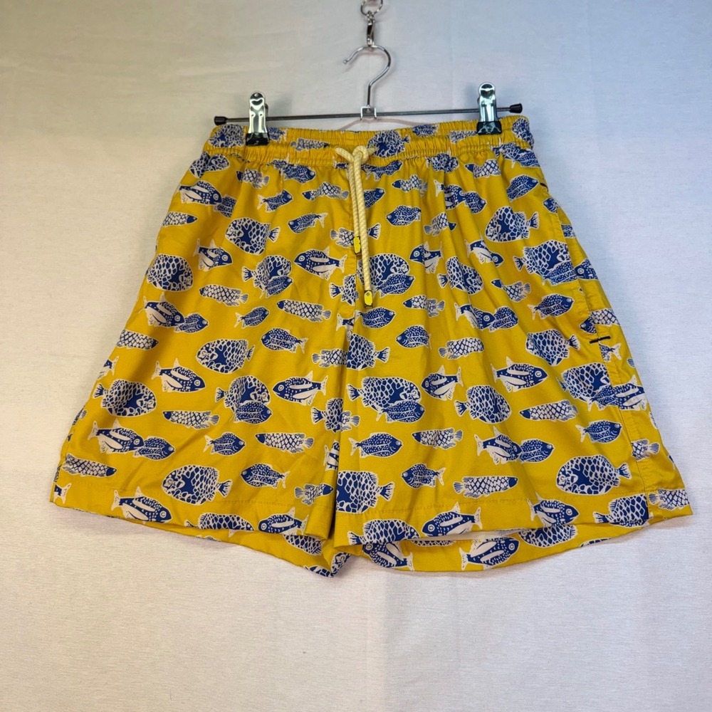 Palmacea Mens Fish Print Swim Trunks Yellow Blue Size Medium Board Shorts